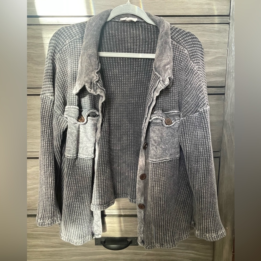 Bucket list waffle knit shacket Charcoal Gray